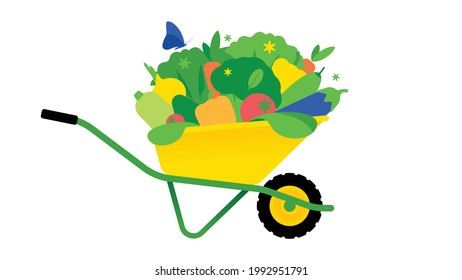 Garden wheelbarrow with heap of vegetables. Composition of farmer products for layout. Healthy food concept. Modern vector illustration for poster, design, banner.