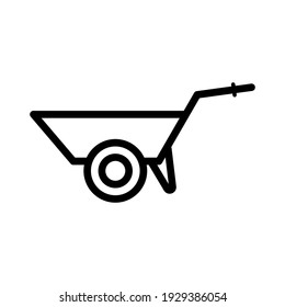 Garden wheelbarrow icon. Black contour linear silhouette. Side view. Vector flat graphic illustration. The isolated object on a white background. Isolate.