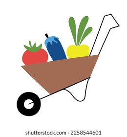 Garden wheelbarrow icon, vector doodle illustration of harvesting, vegetables in wheelbarrow, farming, summer and autumn harvest, tomato, beet, eggplant, isolated colored clipart on white background