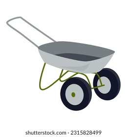 Garden wheelbarrow icon. Wheel barrow, cart with handles, metal container for garden. Cute color cartoon agricultural carriage with two wheel. Vector flat illustration isolated on a white background