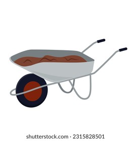 Garden wheelbarrow icon. Wheel barrow, cart with handles, metal container for garden. Agricultural carriage with one wheel. Vector flat illustration isolated on a white background