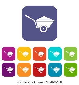 Garden wheelbarrow icons set vector illustration in flat style in colors red, blue, green, and other