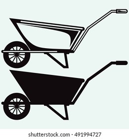 Garden wheelbarrow. Isolated on blue background. Vector silhouettes