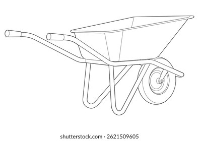 Garden wheelbarrow on one wheel. Isolated on white. Black line. Coloring page.