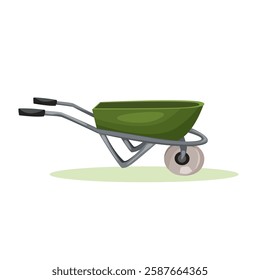 Garden wheelbarrow on a white background. Gardening tools for transporting soil, humus, seedlings, plants, ripe vegetables and fruits and construction materials.