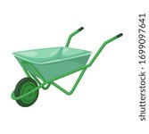 Garden wheelbarrow with one wheel, green, isolated on white background. Vector illustration.