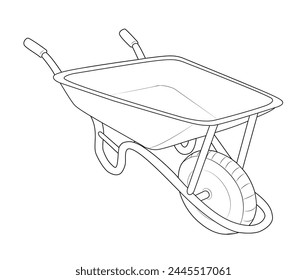 Garden wheelbarrow outline icons. Line art Black and white empty garden wheelbarrow. Coloring page for kids and adults. Vector illustration