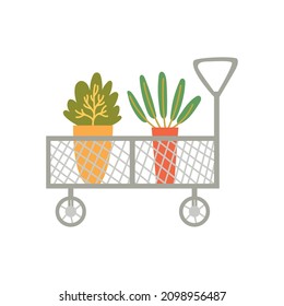 Garden wheelbarrow pots plants hand drawn naive art