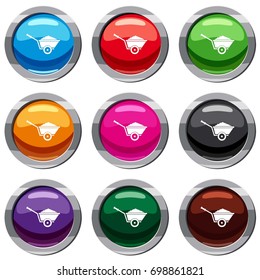 Garden wheelbarrow set icon isolated on white. 9 icon collection vector illustration