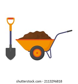 Garden wheelbarrow and shovel icon. Garden cart with manure and fertilizer. Color silhouette. Front side view. Vector simple flat graphic illustration. Isolated object on a white background. Isolate.