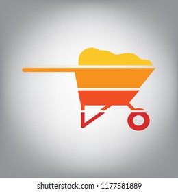 Garden wheelbarrow sign illustration. Vector. Horizontally sliced icon with colors from sunny gradient in gray background.