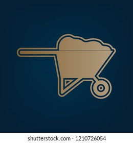 Garden wheelbarrow sign illustration. Vector. Golden icon and border at dark cyan background.