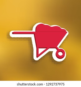 Garden wheelbarrow sign illustration. Vector. Magenta icon with darker shadow, white sticker and black popart shadow on golden background.