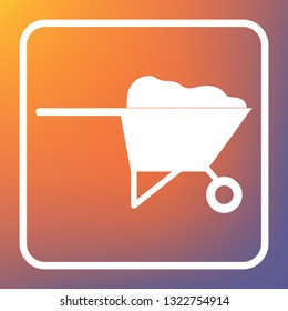 Garden wheelbarrow sign illustration. Vector. White icon on transparent button at orange-violet gradient background.