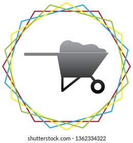 Garden wheelbarrow sign illustration. Vector. Black icon with patch of light inside colorful hexagonal frames at white background.