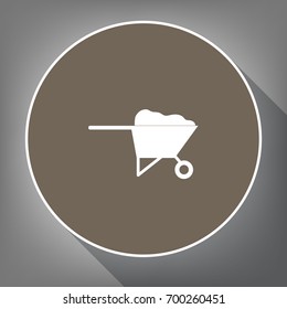 Garden wheelbarrow sign illustration. Vector. White icon on brown circle with white contour and long shadow at gray background. Like top view on postament.