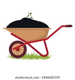 A garden wheelbarrow with soil and a young green sprout. Illustrated vector clipart.