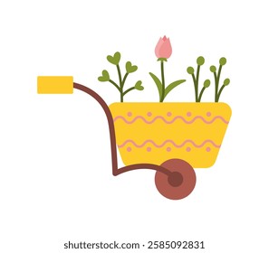 Garden Wheelbarrow. Spring Decorative Illustration of a Garden Wheelbarrow with Blooming Sprouts and a Tulip in a Minimalist Style.