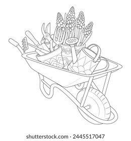 Carretilla de jardín con herramientas y iconos de contorno. Vector grabado en blanco y negro de varias herramientas, carretilla, pala, rastrillo, podadora. Página para colorear para niños y adultos. Ilustración vectorial