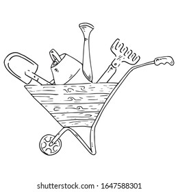 Garden wheelbarrow with tools for the garden. Vector illustration of an old garden wheelbarrow with a rake, a shovel and a watering can.