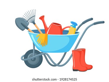 Garden wheelbarrow with tools vector illustration. Cartoon garden equipment isolated on white background. Bright watering can, boots, shovels, rakes
