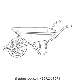 Garden wheelbarrow. Vector line isolated illustration. Perfect for gardening, farming, construction, landscaping, backyard work, and eco-friendly projects. Coloring page, seasonal sign, card, decor.