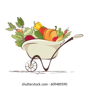 Garden wheelbarrow with vegetables / Vector illustration, a rich harvest of farm products