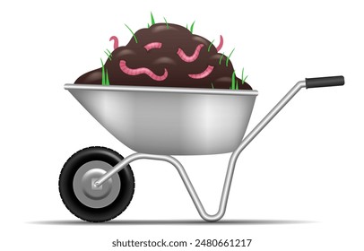 Garden wheelbarrow with vermicompost. Vector clipart isolated on white background.