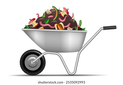 Carrinho de jardim com vermicompost. Clipart de vetor isolado no plano de fundo branco.