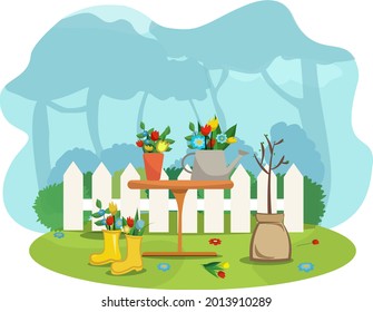 Garden white wooden fence gardening flowers in a bucket flowers in a watering can table