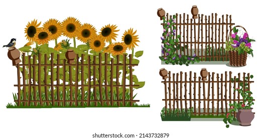 Garden wicker fence set with flowers, leaves, bird, greenery. Vector illustration