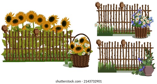 Garden wicker fence set with flowers, leaves, greenery. Vector illustration