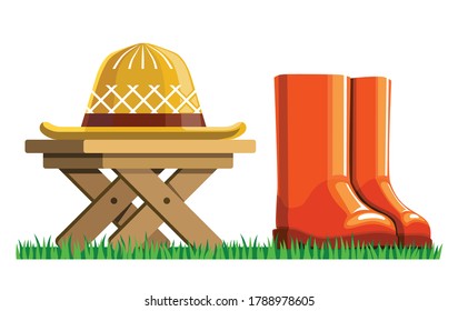 garden wicker hat lies on a wooden table flat illustration. red rubber boots stand on green grass