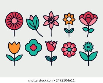 Garden wild flower icon set. Floral icons, summer spring flat symbol isolated white background. Easter Mothers day Birthday. Vector illustration. Rose lily daisy iris tulip poppy pansy crocus clover