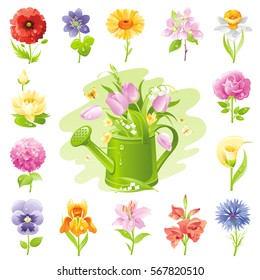 Garden wild flower icon set. Floral icons, summer spring plant flat symbol isolated white background. Easter Mothers day Birthday signs. Vector illustration. Watering can. Rose lily daisy tulip poppy