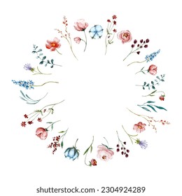 El jardín y las flores silvestres, deja el dibujo a mano de acuarela botánica. Marco floral redondo para bodas, cumpleaños y duchas de bebé invitaciones, tarjetas de felicitación. Ilustración vectorial aislada