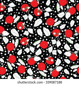 Garden winter Apples seamless vector pattern with leaves, sticks, and  snow dots. Colorful. Black background. Winter pattern