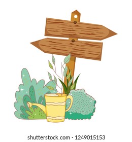 garden with wooden arrow signal