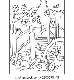 Garden with wooden bridge autumn leaves flowers to fall season coloring illustration pages