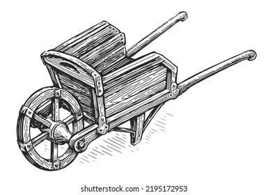 Garden wooden cart sketch. Old empty farm wheelbarrow. Agriculture, gardening concept. Vintage vector illustration