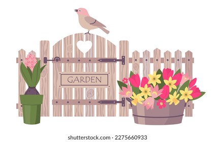 Garden wooden fence with spring flowers and a bird. Illustrated vector element.