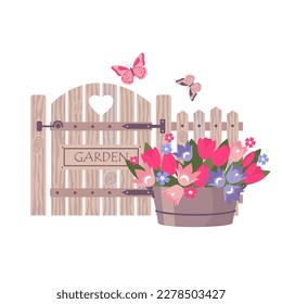 Garden wooden fence with spring flowers in a pot and butterflies. Illustrated vector element.