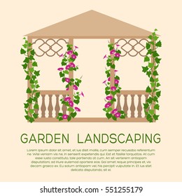 Garden wooden pavilion. Element of landscape design. Colored gardening icon with text. Illustration of vertical gardening by climbing plants in flat style. 