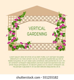Garden wooden pavilion. Element of landscape design. Colored gardening icon with text. Illustration of vertical gardening by climbing plants in flat style. 