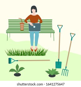 Garden work. Work break - woman with laptop sits on a bench, gardening tools - vector. Spring. Transplanting.