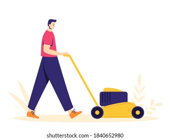 Garden work concept. The man character mows the lawn using a lawn mower. Hobby gardener. Illustration in modern flat style. Isolated on white background