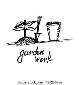 Garden work. Drawing by hand. Planted seedling in the land (black and white) - Stock Vector