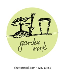 Garden work. Drawing by hand. Planted seedling in the land (black, green and white) - Stock Vector