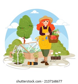 Garden work. Female gardener works, farming, grows vegetables and small greenhouse. Agriculture landscape and farmer vector concept. Girl in hat with basket full fresh plant flat illustration