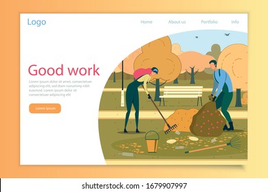 Garden Work Flat Vector Landing Page Template. Autumn Seasonal Outdoor Chores Web Banner Layout. Man and Woman Cartoon Characters Raking Dry Leaves Together. Couple Cleaning Backyard